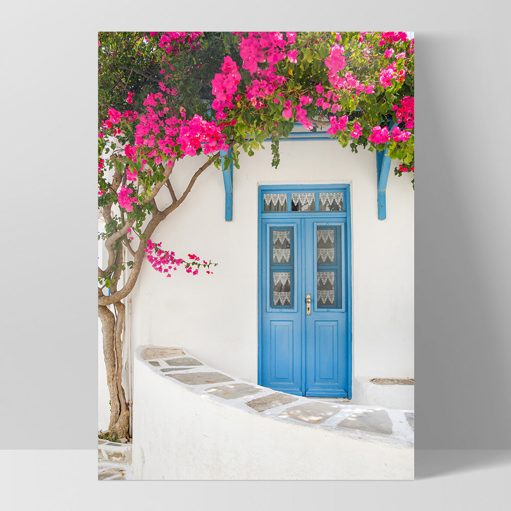 Santorini in Spring | White Villa VI - Art Print by Victoria's Stories, Poster, Stretched Canvas, or Framed Wall Art Print, shown as a stretched canvas or poster without a frame