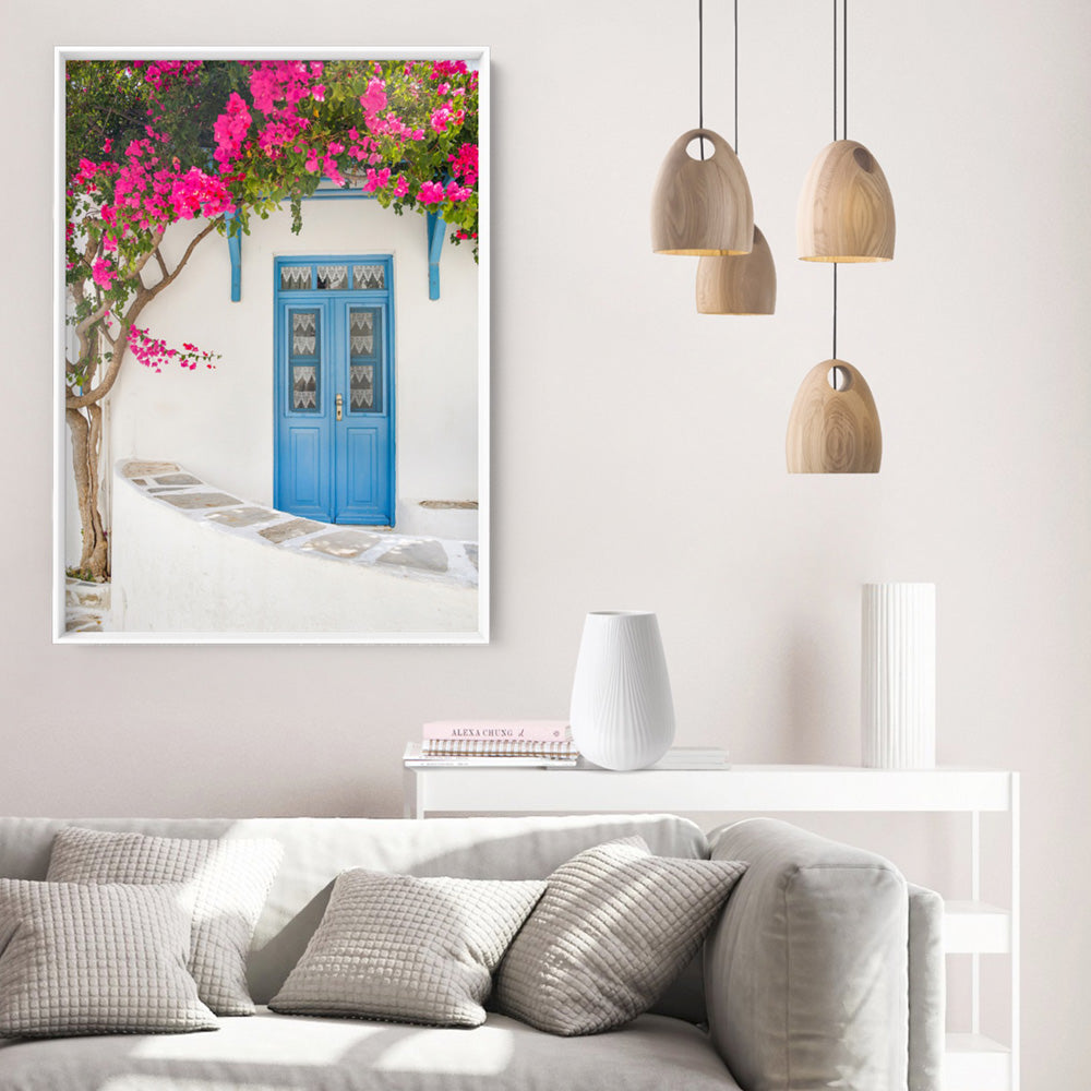 Santorini in Spring | White Villa VI - Art Print by Victoria's Stories, Poster, Stretched Canvas or Framed Wall Art Prints, shown framed in a room
