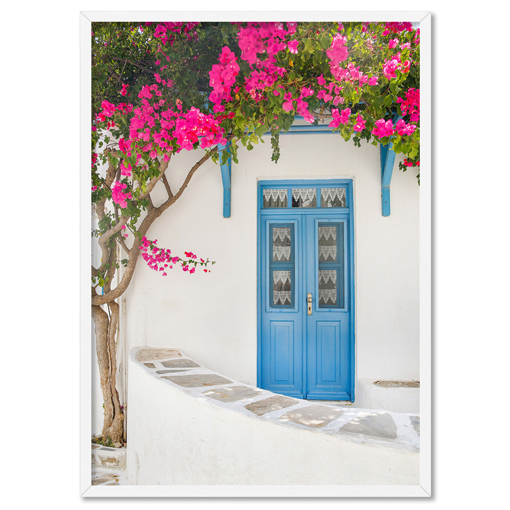Santorini in Spring | White Villa VI - Art Print by Victoria's Stories, Poster, Stretched Canvas, or Framed Wall Art Print, shown in a white frame