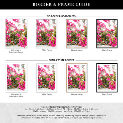Santorini in Spring | Pink Bougainvillea Blooms - Art Print by Victoria's Stories, Poster, Stretched Canvas or Framed Wall Art, Showing White , Black, Natural Frame Colours, No Frame (Unframed) or Stretched Canvas, and With or Without White Borders
