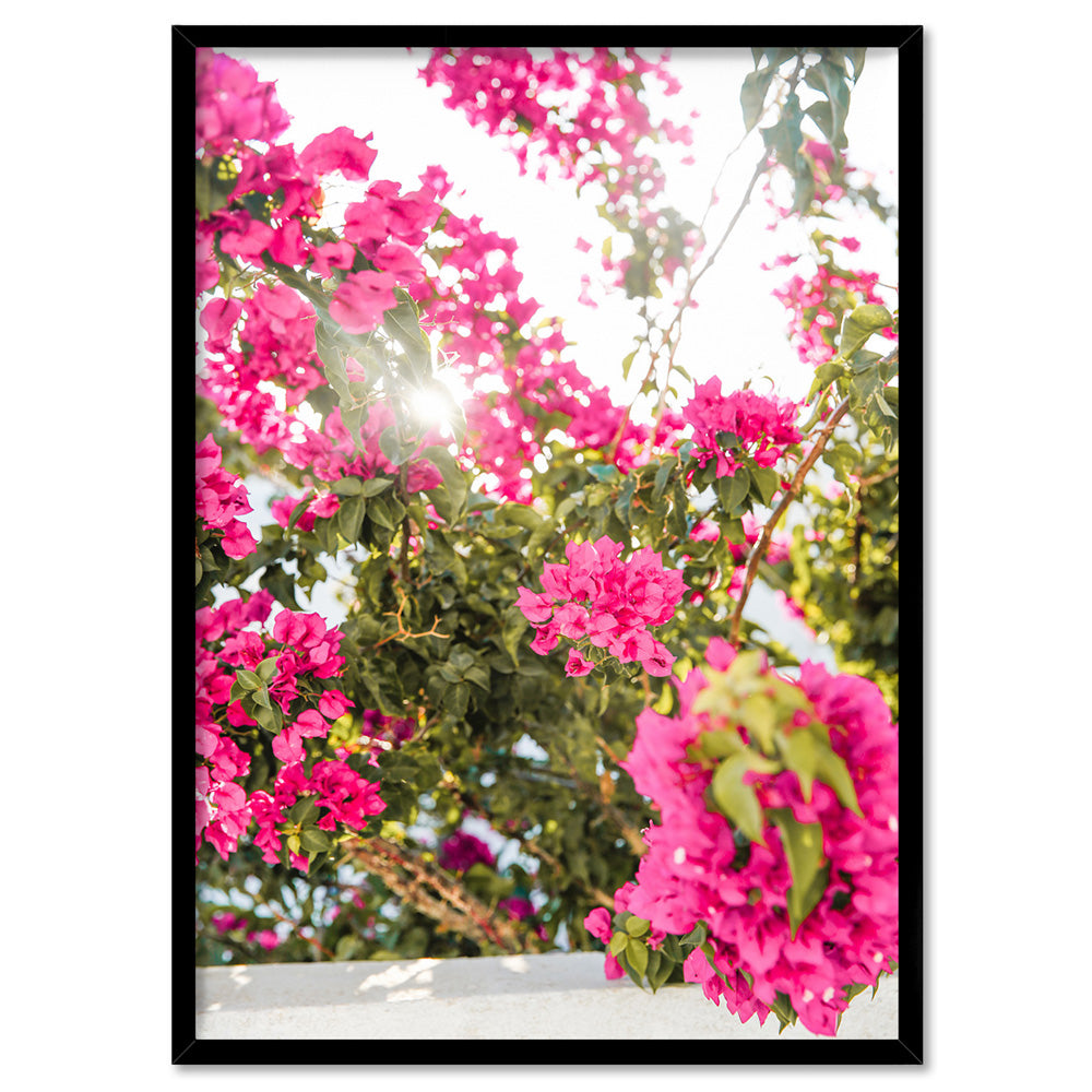 Santorini in Spring | Pink Bougainvillea Blooms - Art Print by Victoria's Stories, Poster, Stretched Canvas, or Framed Wall Art Print, shown in a black frame