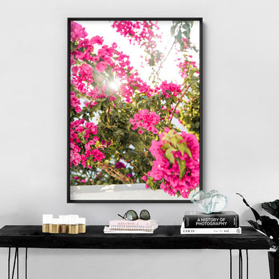 Santorini in Spring | Pink Bougainvillea Blooms - Art Print by Victoria's Stories, Poster, Stretched Canvas or Framed Wall Art Prints, shown framed in a room