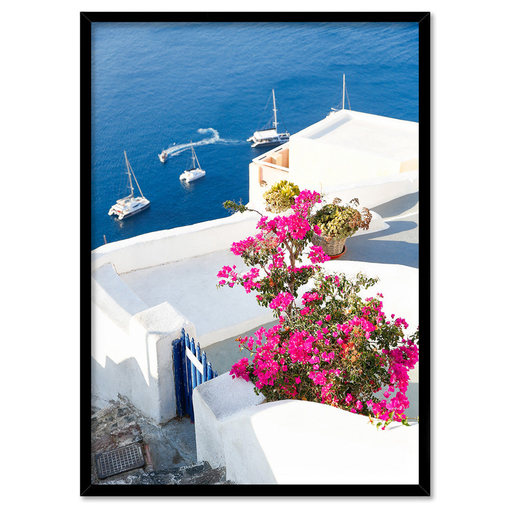 Santorini in Spring | Coastal Resort View I - Art Print by Victoria's Stories, Poster, Stretched Canvas, or Framed Wall Art Print, shown in a black frame