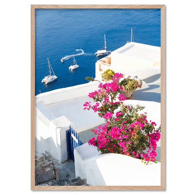 Santorini in Spring | Coastal Resort View I - Art Print by Victoria's Stories, Poster, Stretched Canvas, or Framed Wall Art Print, shown in a natural timber frame