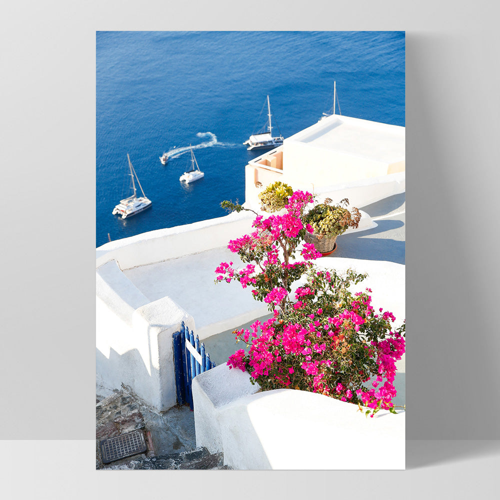 Santorini in Spring | Coastal Resort View I - Art Print by Victoria's Stories, Poster, Stretched Canvas, or Framed Wall Art Print, shown as a stretched canvas or poster without a frame