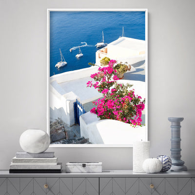 Santorini in Spring | Coastal Resort View I - Art Print by Victoria's Stories, Poster, Stretched Canvas or Framed Wall Art Prints, shown framed in a room