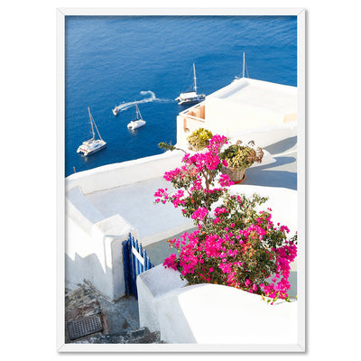 Santorini in Spring | Coastal Resort View I - Art Print by Victoria's Stories, Poster, Stretched Canvas, or Framed Wall Art Print, shown in a white frame
