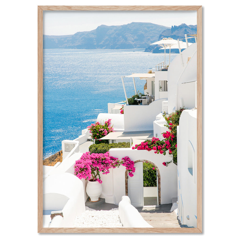 Santorini in Spring | Coastal Resort View II - Art Print by Victoria's Stories, Poster, Stretched Canvas, or Framed Wall Art Print, shown in a natural timber frame
