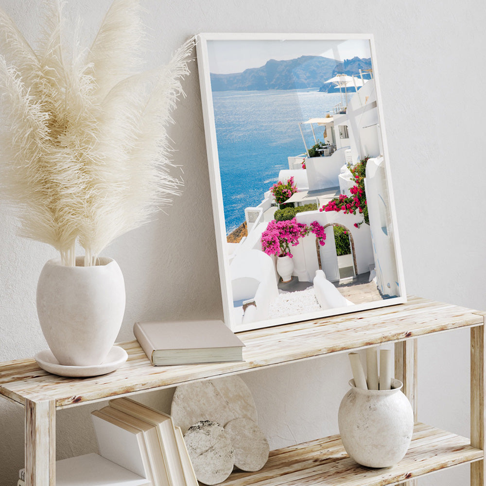 Santorini in Spring | Coastal Resort View II - Art Print by Victoria's Stories, Poster, Stretched Canvas or Framed Wall Art Prints, shown framed in a room