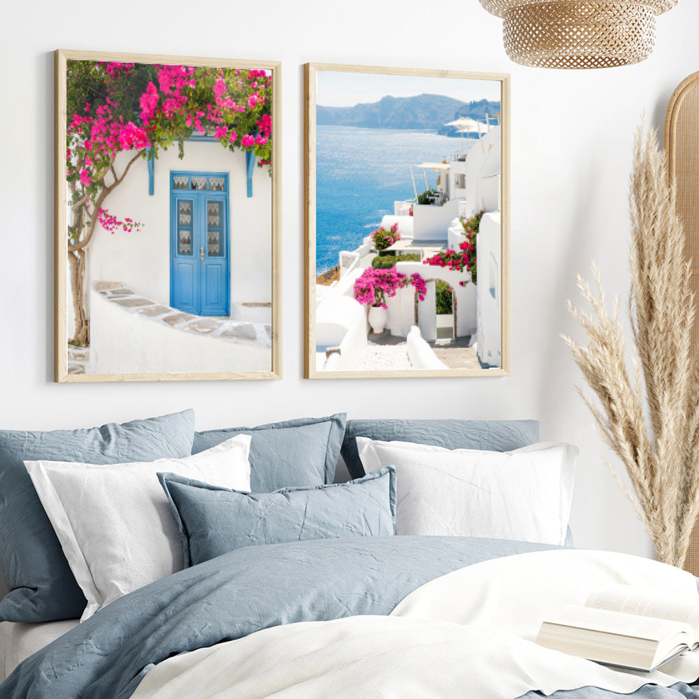 Santorini in Spring | Coastal Resort View II - Art Print by Victoria's Stories, Poster, Stretched Canvas or Framed Wall Art, shown framed in a home interior space