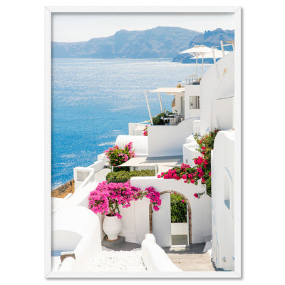 Santorini in Spring | Coastal Resort View II - Art Print by Victoria's Stories, Poster, Stretched Canvas, or Framed Wall Art Print, shown in a white frame