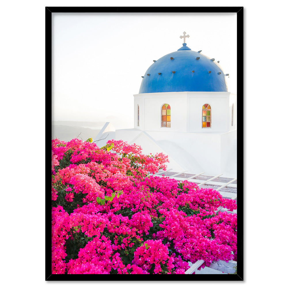 Santorini in Spring | Blue Dome Church - Art Print by Victoria's Stories, Poster, Stretched Canvas, or Framed Wall Art Print, shown in a black frame
