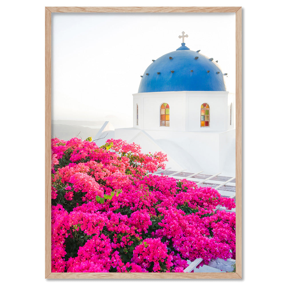 Santorini in Spring | Blue Dome Church - Art Print by Victoria's Stories, Poster, Stretched Canvas, or Framed Wall Art Print, shown in a natural timber frame
