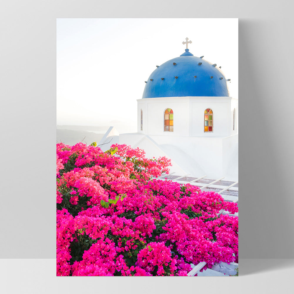 Santorini in Spring | Blue Dome Church - Art Print by Victoria's Stories, Poster, Stretched Canvas, or Framed Wall Art Print, shown as a stretched canvas or poster without a frame