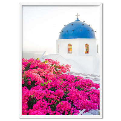 Santorini in Spring | Blue Dome Church - Art Print by Victoria's Stories, Poster, Stretched Canvas, or Framed Wall Art Print, shown in a white frame