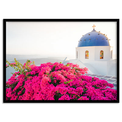 Santorini in Spring | Blue Dome Church Landscape - Art Print by Victoria's Stories, Poster, Stretched Canvas, or Framed Wall Art Print, shown in a black frame