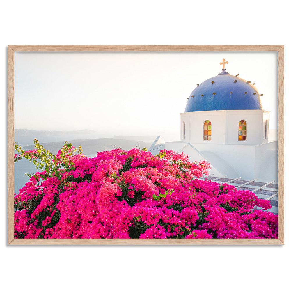Santorini in Spring | Blue Dome Church Landscape - Art Print by Victoria's Stories, Poster, Stretched Canvas, or Framed Wall Art Print, shown in a natural timber frame