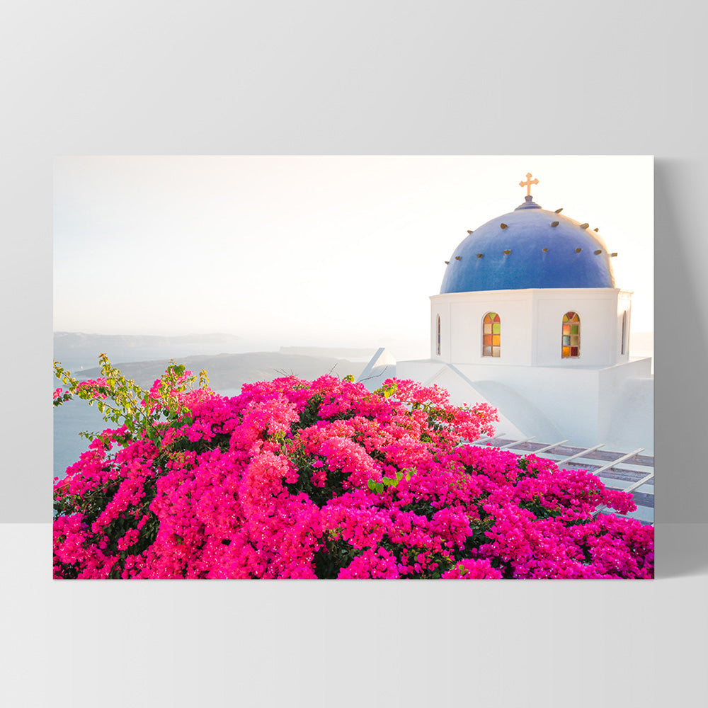 Santorini in Spring | Blue Dome Church Landscape - Art Print by Victoria's Stories, Poster, Stretched Canvas, or Framed Wall Art Print, shown as a stretched canvas or poster without a frame