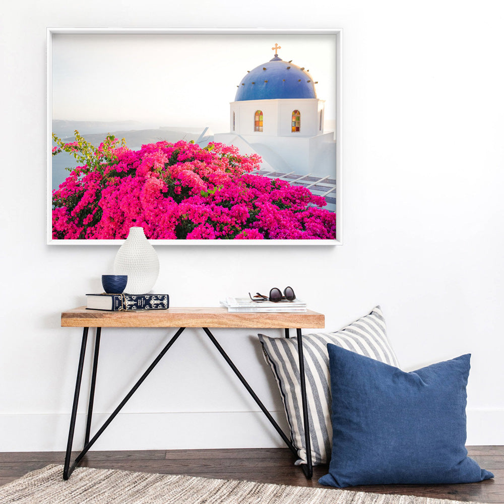 Santorini in Spring | Blue Dome Church Landscape - Art Print by Victoria's Stories, Poster, Stretched Canvas or Framed Wall Art Prints, shown framed in a room