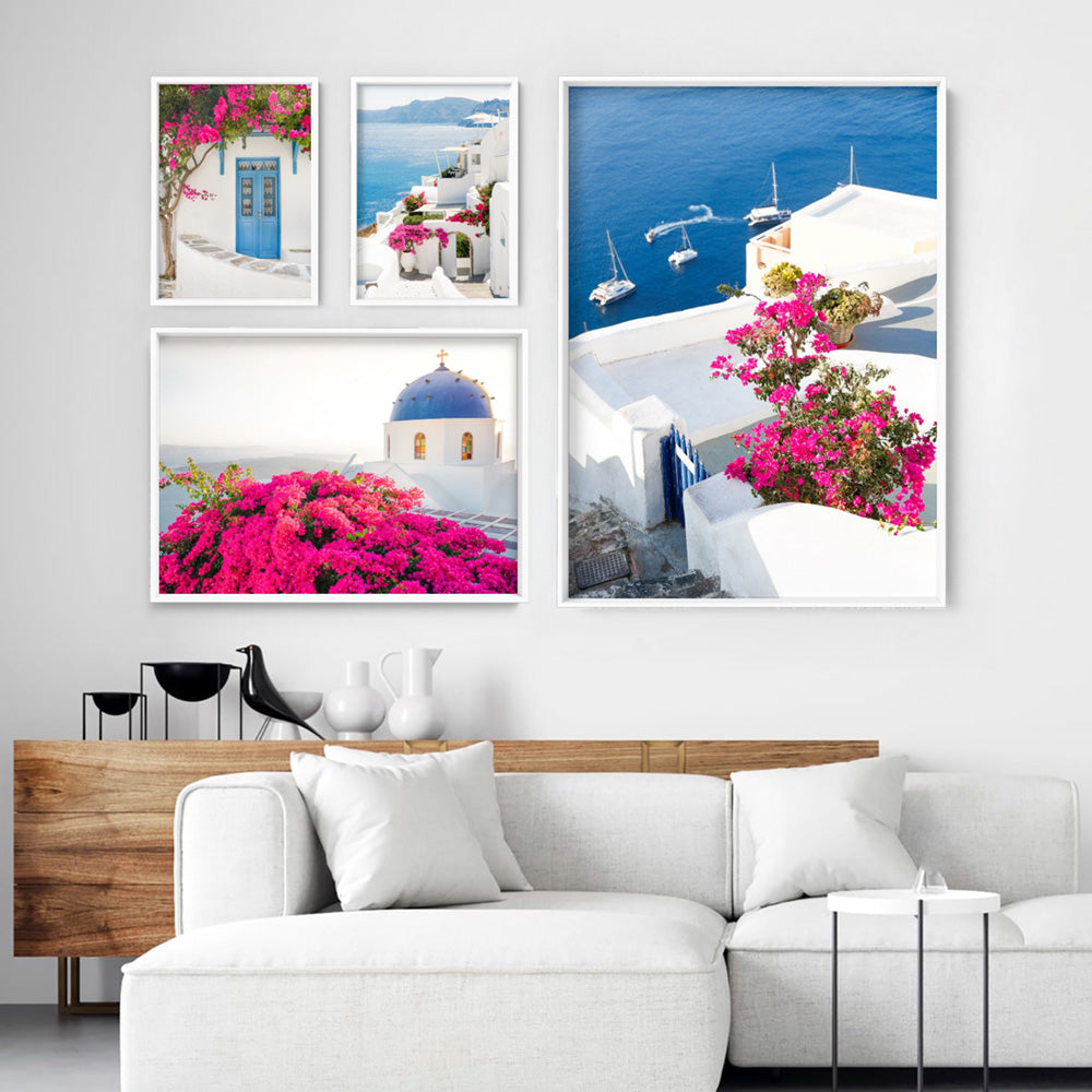 Santorini in Spring | Blue Dome Church Landscape - Art Print by Victoria's Stories, Poster, Stretched Canvas or Framed Wall Art, shown framed in a home interior space