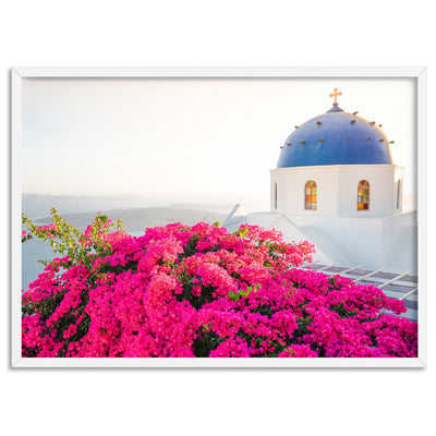 Santorini in Spring | Blue Dome Church Landscape - Art Print by Victoria's Stories, Poster, Stretched Canvas, or Framed Wall Art Print, shown in a white frame