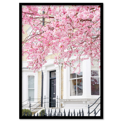 Cherry Blossoms in London II - Art Print by Victoria's Stories, Poster, Stretched Canvas, or Framed Wall Art Print, shown in a black frame