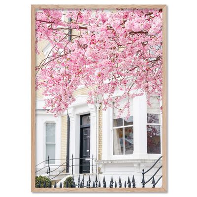 Cherry Blossoms in London II - Art Print by Victoria's Stories, Poster, Stretched Canvas, or Framed Wall Art Print, shown in a natural timber frame