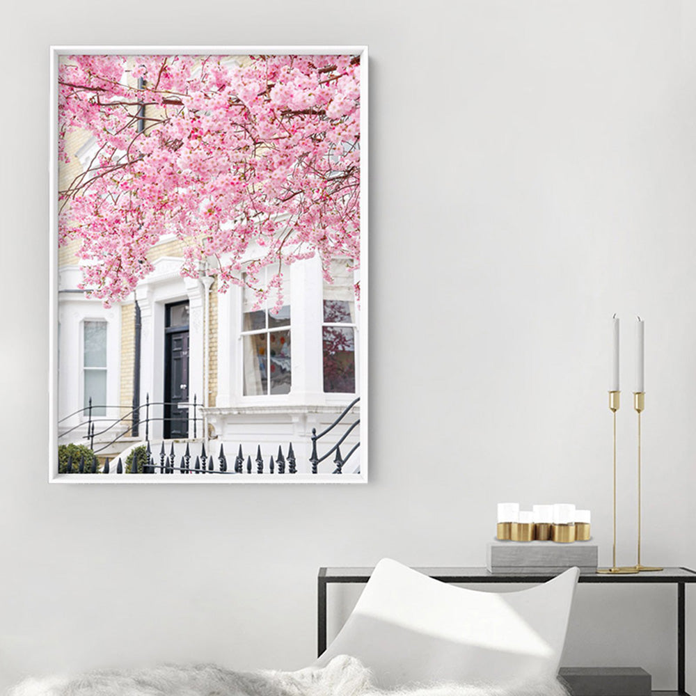Cherry Blossoms in London II - Art Print by Victoria's Stories, Poster, Stretched Canvas or Framed Wall Art Prints, shown framed in a room