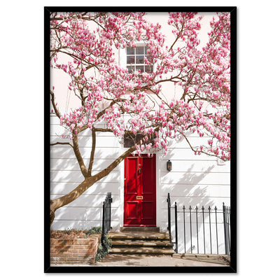 Red Door in London - Art Print by Victoria's Stories, Poster, Stretched Canvas, or Framed Wall Art Print, shown in a black frame