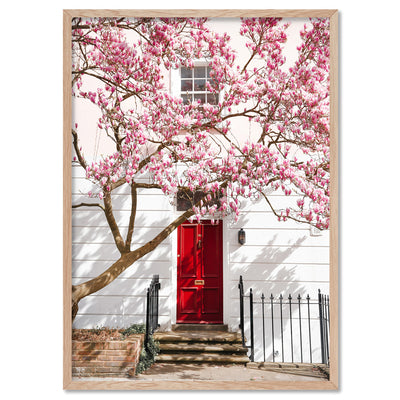 Red Door in London - Art Print by Victoria's Stories, Poster, Stretched Canvas, or Framed Wall Art Print, shown in a natural timber frame