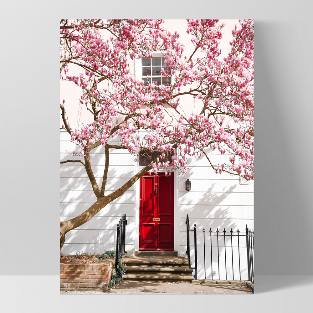 Red Door in London - Art Print by Victoria's Stories, Poster, Stretched Canvas, or Framed Wall Art Print, shown as a stretched canvas or poster without a frame