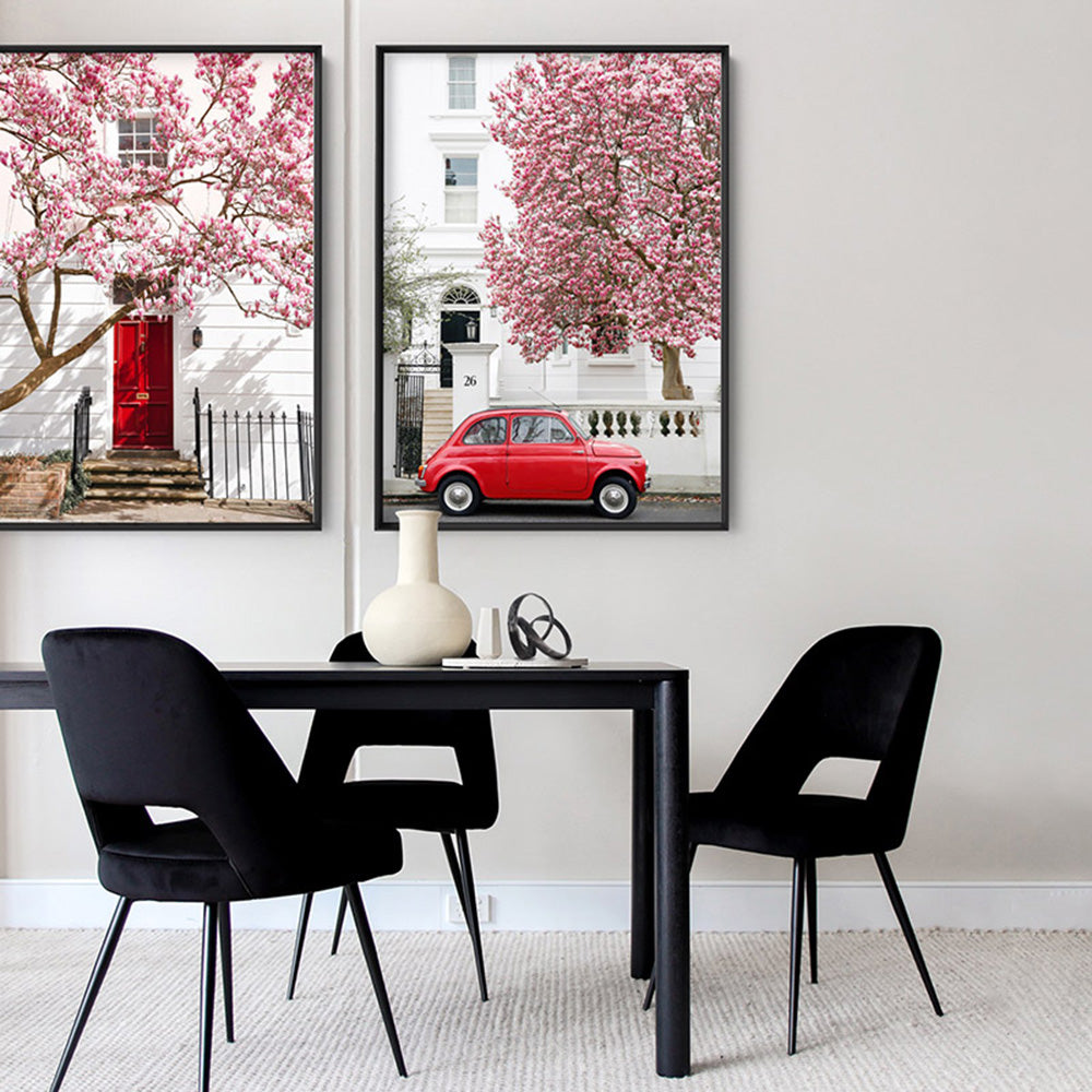 Red Door in London - Art Print by Victoria's Stories, Poster, Stretched Canvas or Framed Wall Art, shown framed in a home interior space