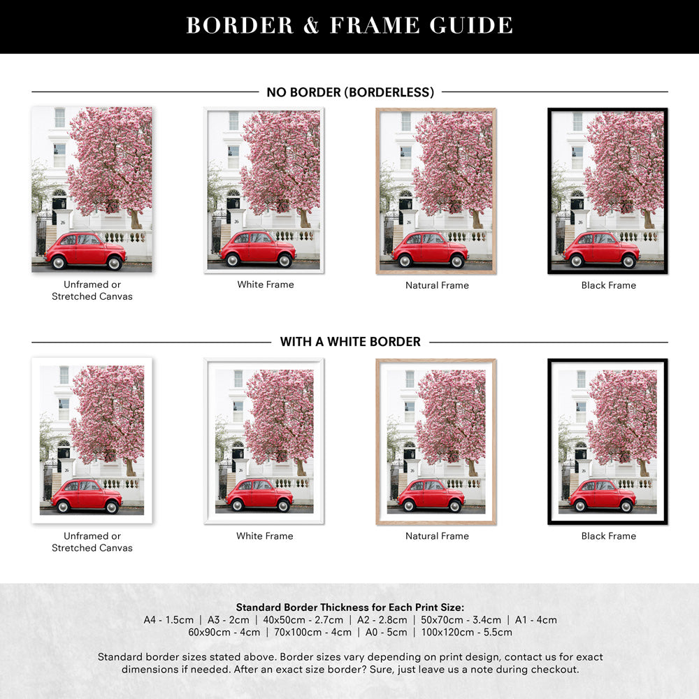 Red Fiat in London - Art Print by Victoria's Stories, Poster, Stretched Canvas or Framed Wall Art, Showing White , Black, Natural Frame Colours, No Frame (Unframed) or Stretched Canvas, and With or Without White Borders