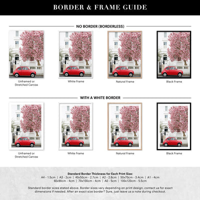 Red Fiat in London - Art Print by Victoria's Stories, Poster, Stretched Canvas or Framed Wall Art, Showing White , Black, Natural Frame Colours, No Frame (Unframed) or Stretched Canvas, and With or Without White Borders