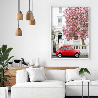 Red Fiat in London - Art Print by Victoria's Stories, Poster, Stretched Canvas or Framed Wall Art Prints, shown framed in a room