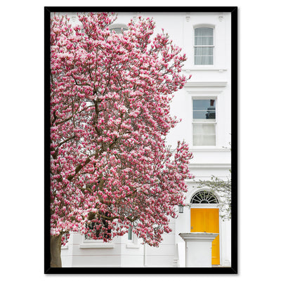 Orange Door & Magnolia Tree London - Art Print by Victoria's Stories, Poster, Stretched Canvas, or Framed Wall Art Print, shown in a black frame