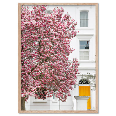 Orange Door & Magnolia Tree London - Art Print by Victoria's Stories, Poster, Stretched Canvas, or Framed Wall Art Print, shown in a natural timber frame