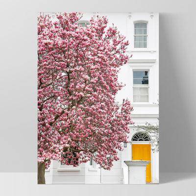 Orange Door & Magnolia Tree London - Art Print by Victoria's Stories, Poster, Stretched Canvas, or Framed Wall Art Print, shown as a stretched canvas or poster without a frame