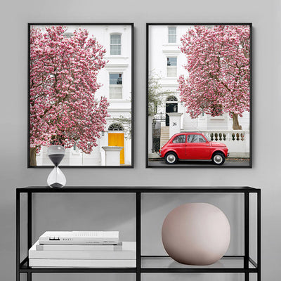 Orange Door & Magnolia Tree London - Art Print by Victoria's Stories, Poster, Stretched Canvas or Framed Wall Art, shown framed in a home interior space