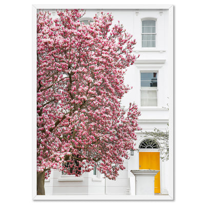 Orange Door & Magnolia Tree London - Art Print by Victoria's Stories, Poster, Stretched Canvas, or Framed Wall Art Print, shown in a white frame