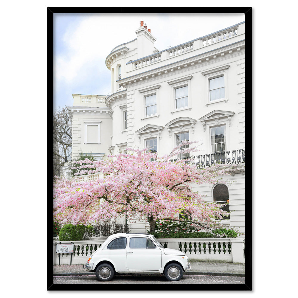 White Fiat in London - Art Print by Victoria's Stories, Poster, Stretched Canvas, or Framed Wall Art Print, shown in a black frame