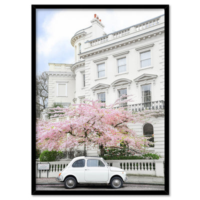 White Fiat in London - Art Print by Victoria's Stories, Poster, Stretched Canvas, or Framed Wall Art Print, shown in a black frame