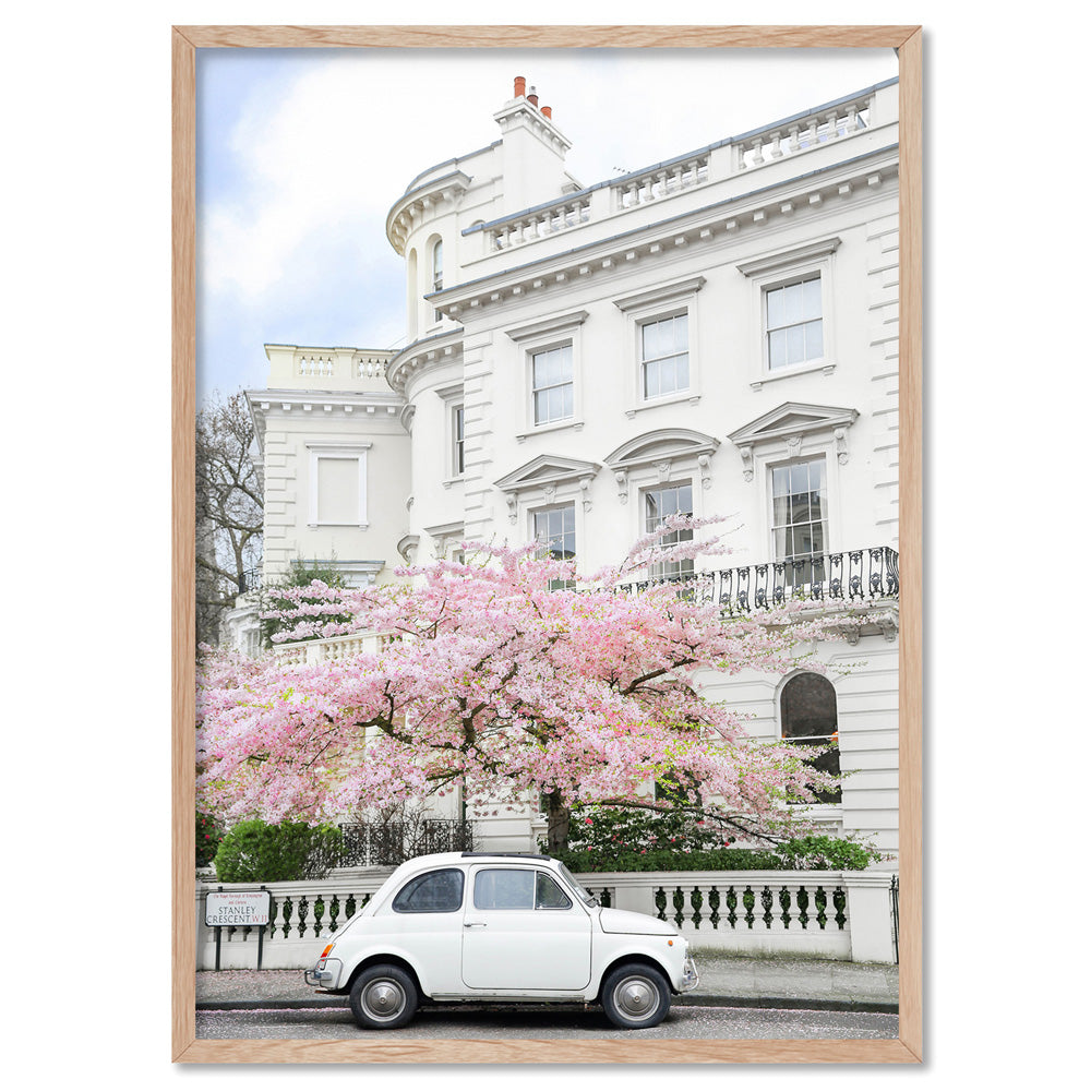White Fiat in London - Art Print by Victoria's Stories, Poster, Stretched Canvas, or Framed Wall Art Print, shown in a natural timber frame