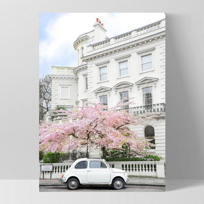 White Fiat in London - Art Print by Victoria's Stories, Poster, Stretched Canvas, or Framed Wall Art Print, shown as a stretched canvas or poster without a frame