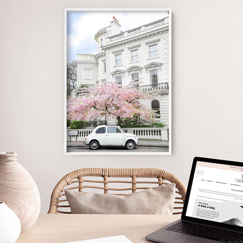 White Fiat in London - Art Print by Victoria's Stories, Poster, Stretched Canvas or Framed Wall Art Prints, shown framed in a room