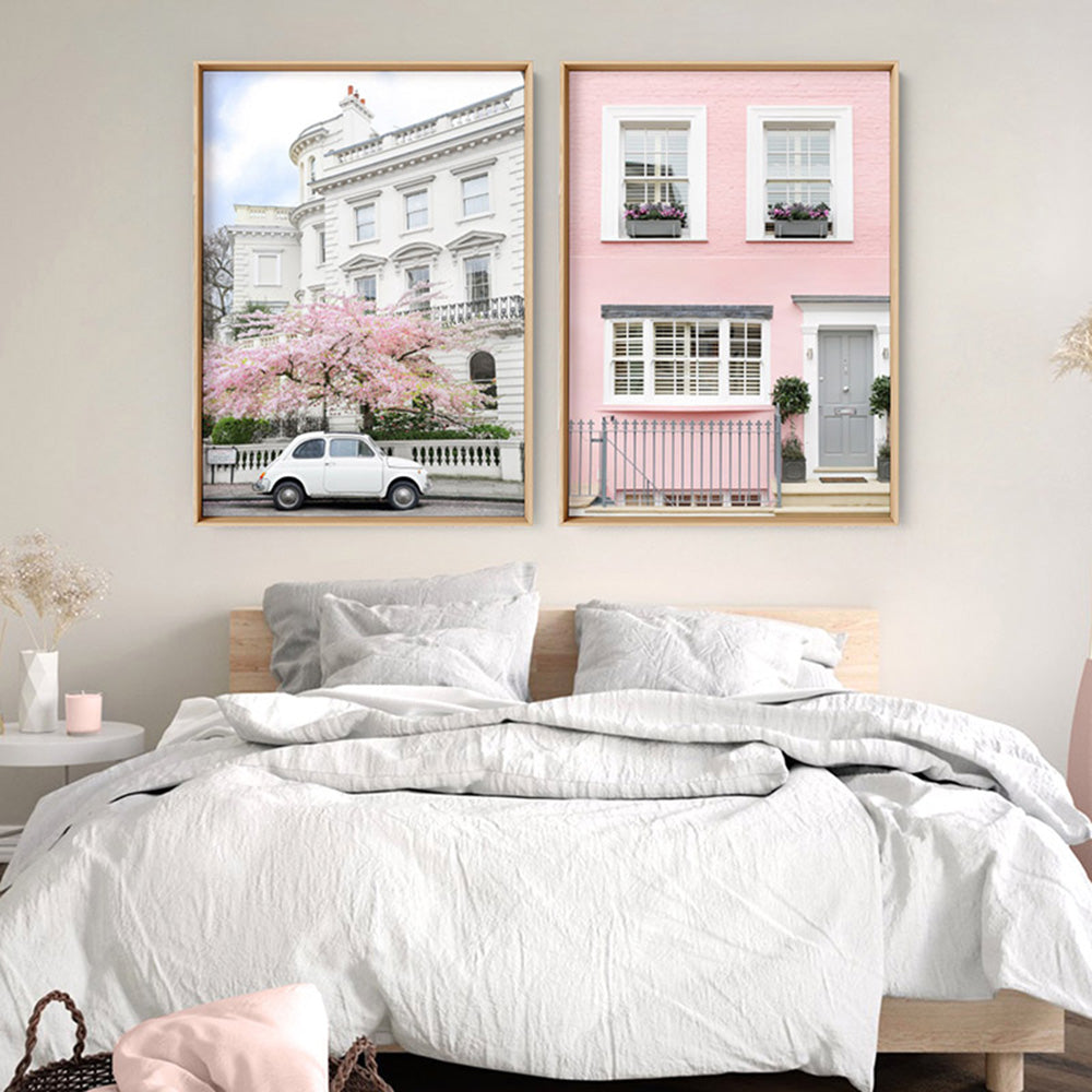 White Fiat in London - Art Print by Victoria's Stories, Poster, Stretched Canvas or Framed Wall Art, shown framed in a home interior space
