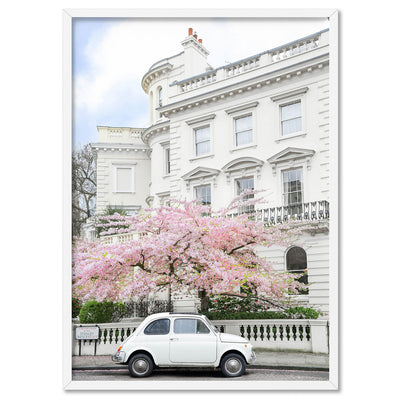 White Fiat in London - Art Print by Victoria's Stories, Poster, Stretched Canvas, or Framed Wall Art Print, shown in a white frame