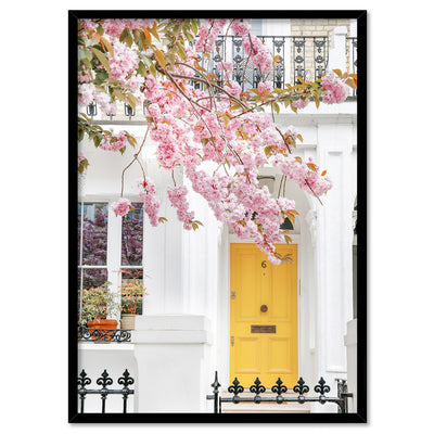 Yellow Door in London - Art Print by Victoria's Stories, Poster, Stretched Canvas, or Framed Wall Art Print, shown in a black frame