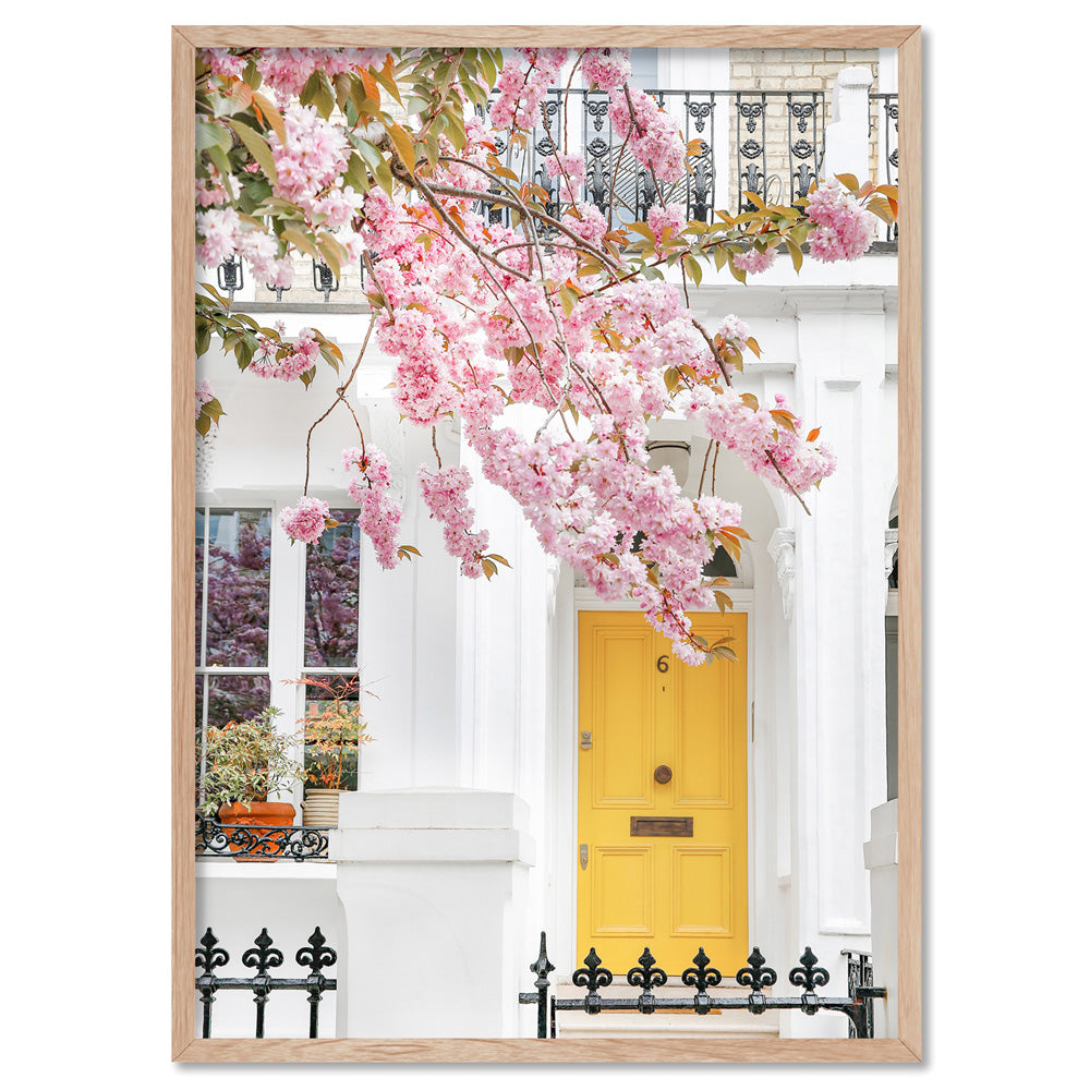 Yellow Door in London - Art Print by Victoria's Stories, Poster, Stretched Canvas, or Framed Wall Art Print, shown in a natural timber frame