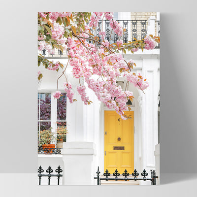 Yellow Door in London - Art Print by Victoria's Stories, Poster, Stretched Canvas, or Framed Wall Art Print, shown as a stretched canvas or poster without a frame
